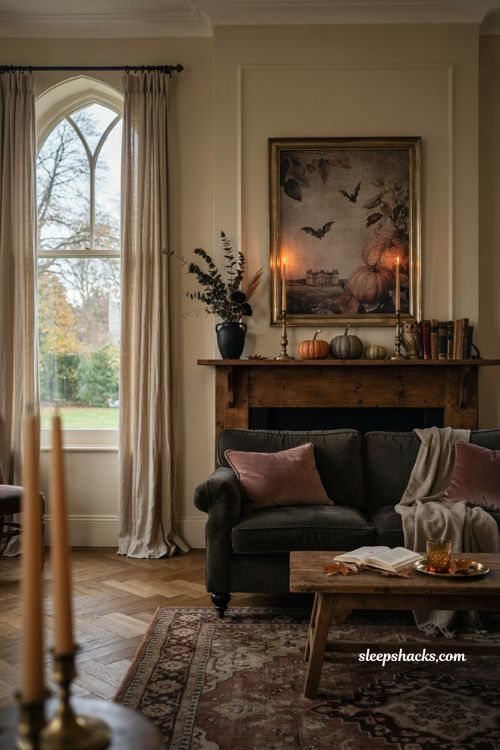 Fall Halloween decor with moody vintage Frame TV art and cozy gothic living room