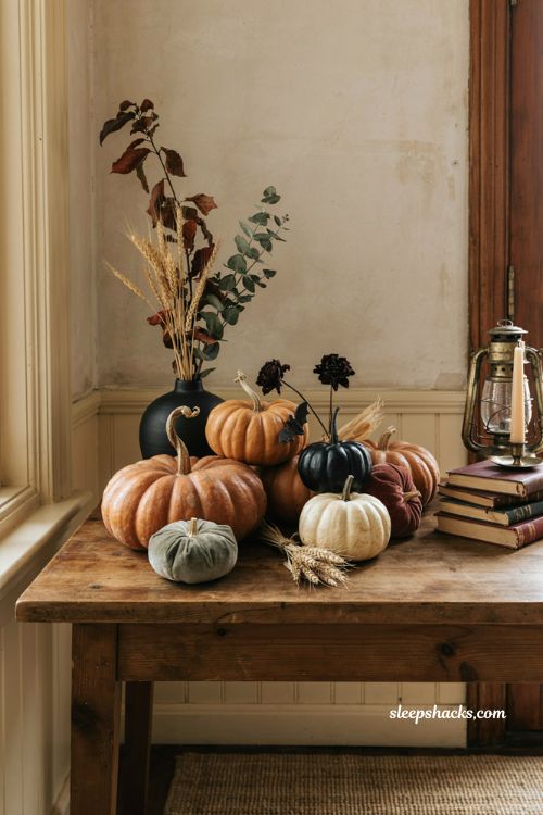 Fall Halloween decor with real and faux pumpkins layered on a cozy autumn entry table