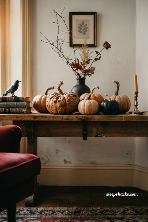 Fall Halloween decor with warty uneven pumpkins and rustic vintage living room styling