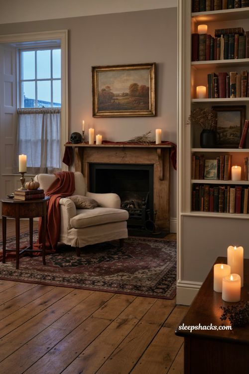 Fall Halloween living room decor with flameless candles warm ambient lighting and cozy gothic accents
