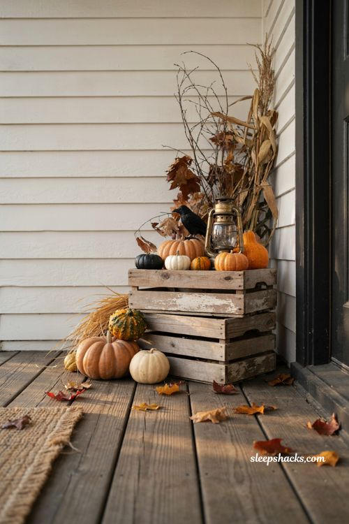 Fall Halloween porch decor with pumpkin patch crates hay and dried corn stalks