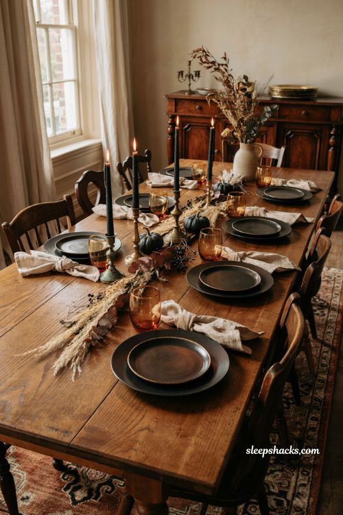 Fall Halloween table decor with black stoneware plates orange glassware and gold accents