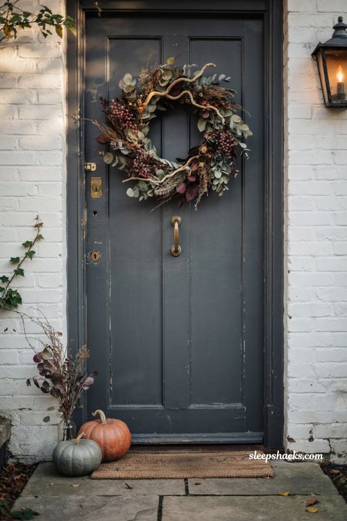 Fall Halloween wreath with dried botanicals burgundy berries and black textured branches