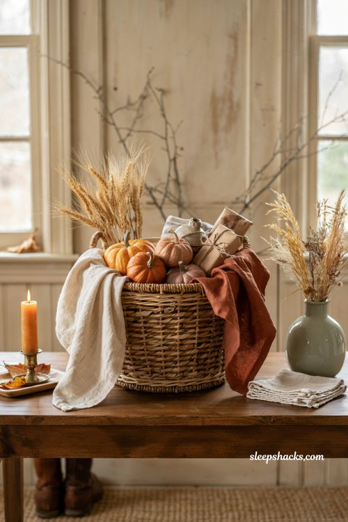 Fall basket ideas with woven wicker basket cozy textiles pumpkins and autumn decor