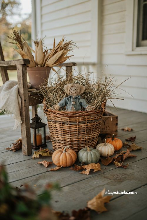 Fall basket with scarecrow hay bundle pumpkins and rustic porch harvest decor