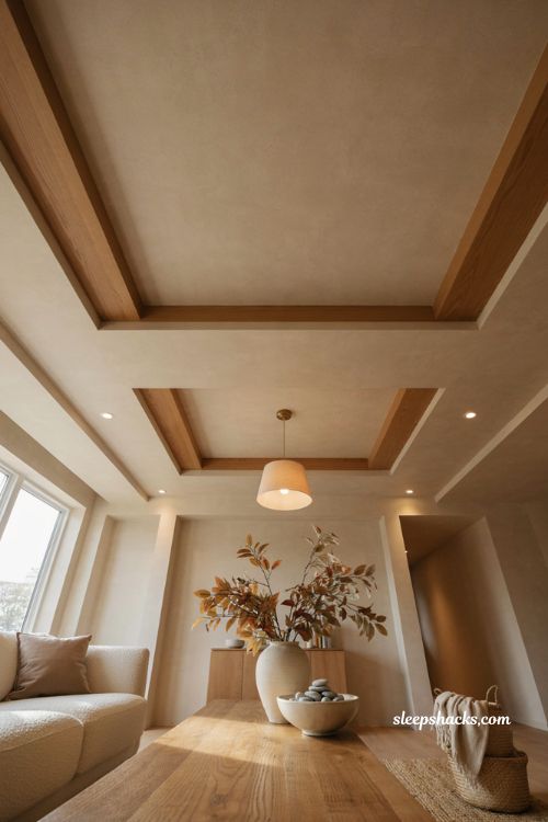 Fall ceiling design with layered false ceiling warm lighting wood accents and cozy living room