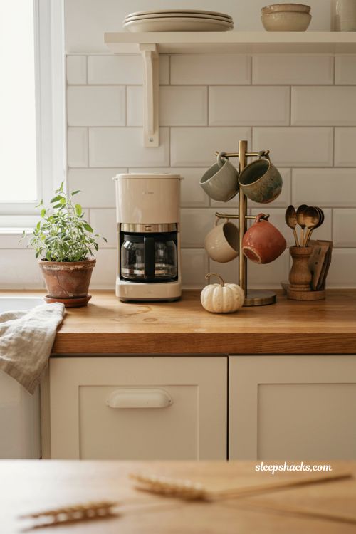 Fall coffee bar decor ideas for a small countertop with mug tree plant and simple essentials 