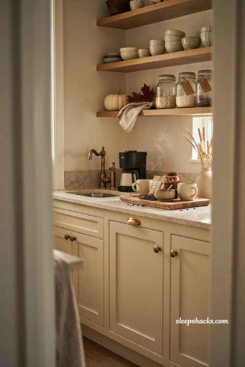 Fall coffee bar decor ideas in a butlers pantry with prep sink coffee maker and cozy storage 