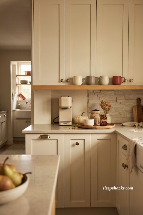 Fall coffee bar decor ideas with built in cabinetry matching kitchen and cozy seasonal accents 