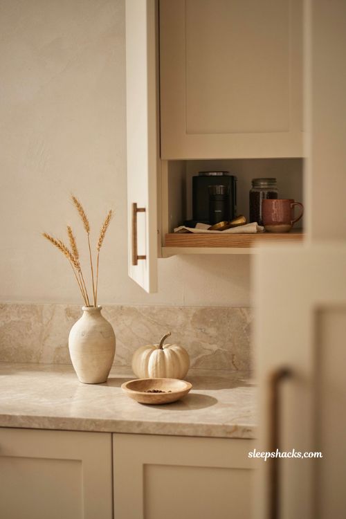 Fall coffee bar decor ideas with concealed coffee maker inside cabinet and clean minimalist kitchen 