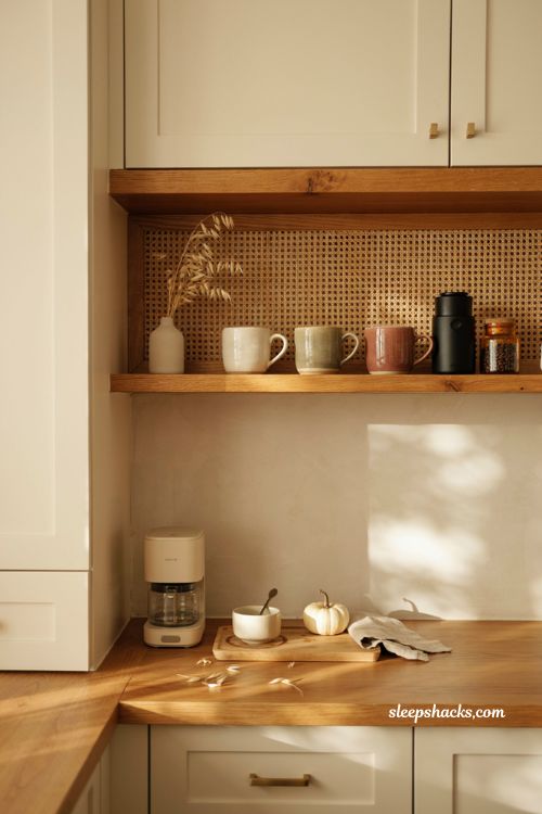 Fall coffee bar decor ideas with custom open wood shelf mugs grinder and cozy coffee nook 