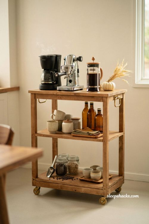 Fall coffee bar decor ideas with fully stocked coffee cart espresso drip coffee and french press 