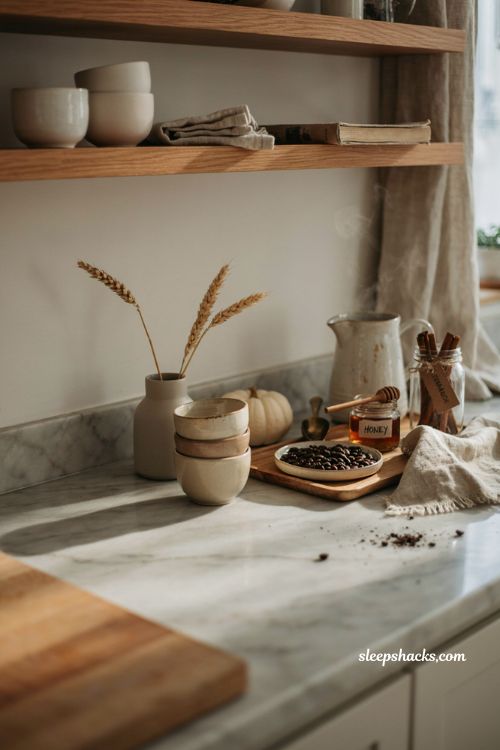 Fall coffee bar decor ideas with neutral mugs dried wheat and cozy seasonal accents 