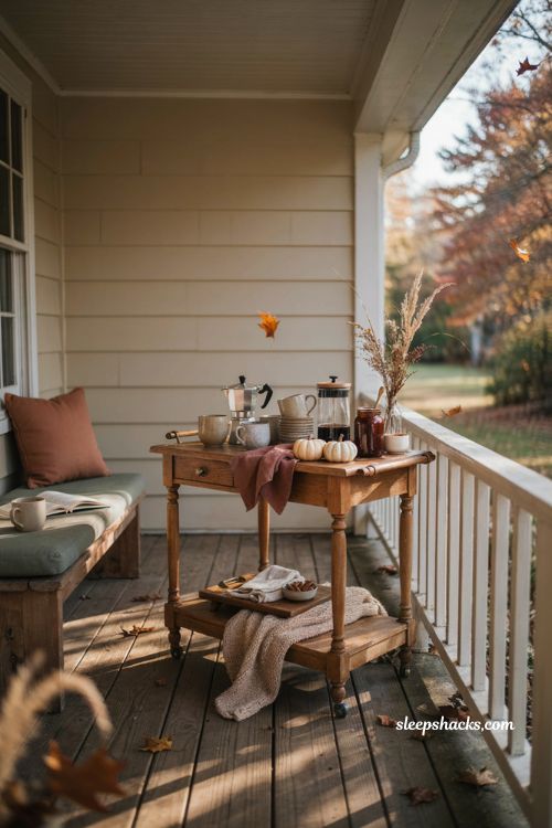 Fall coffee bar decor ideas with outdoor rolling cart mugs hot chocolate and cozy porch accents 