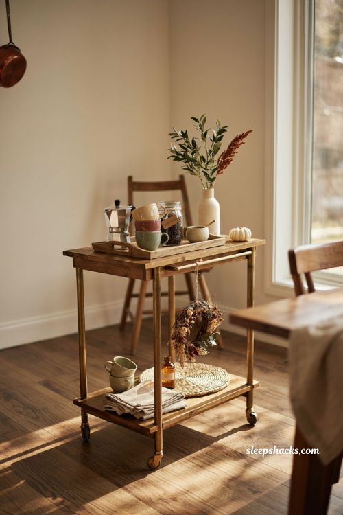 Fall coffee bar decor ideas with rolling cart mugs coffee maker and cozy seasonal accents 