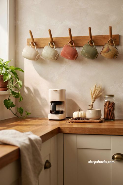 Fall coffee bar decor ideas with wall mug peg rack and cozy seasonal coffee station 