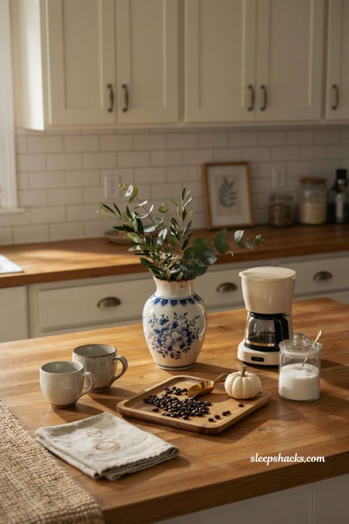 Fall coffee station ideas with blue white porcelain vase greenery and cozy decor
