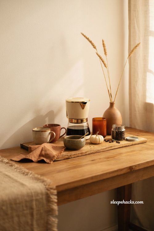 Fall coffee station ideas with cozy mugs warm wood and simple autumn accents