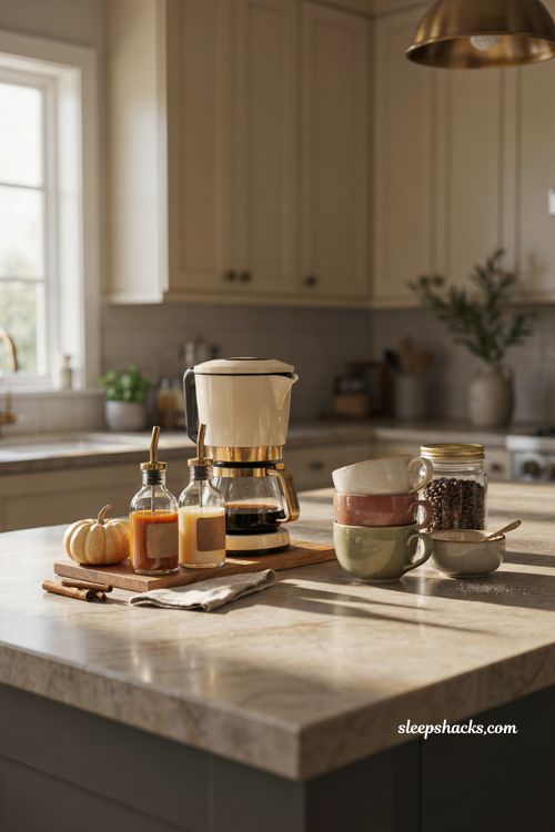 Fall coffee station ideas with flavor syrups cozy mugs and cafe style decor