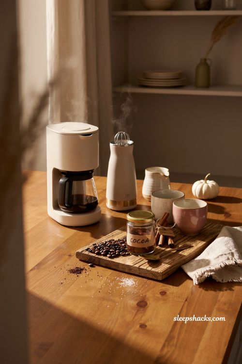 Fall coffee station ideas with milk frother cozy mugs and warm autumn accents