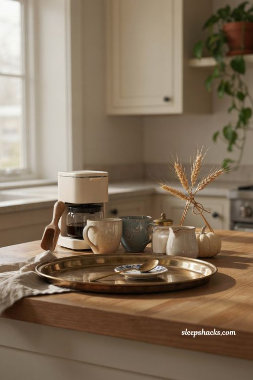Fall coffee station ideas with petite tray spoon rest blue white mugs and cozy decor