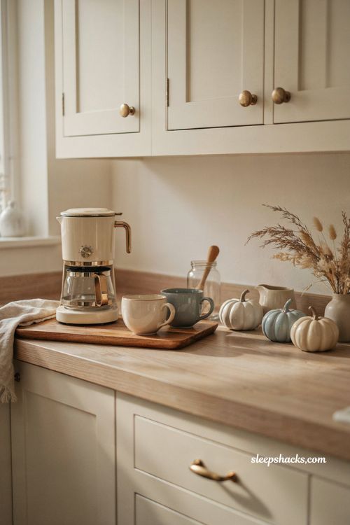 Fall coffee station ideas with soft blue mugs neutral decor and muted pumpkins