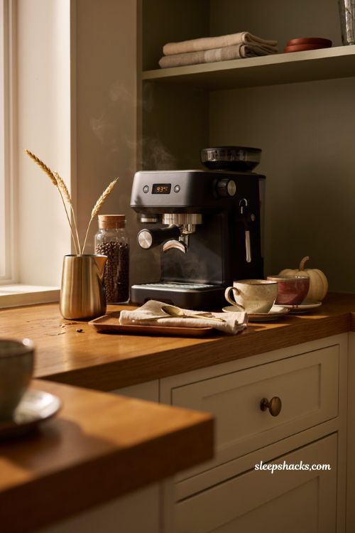 Fall coffee station ideas with statement espresso machine cozy mugs and elegant decor