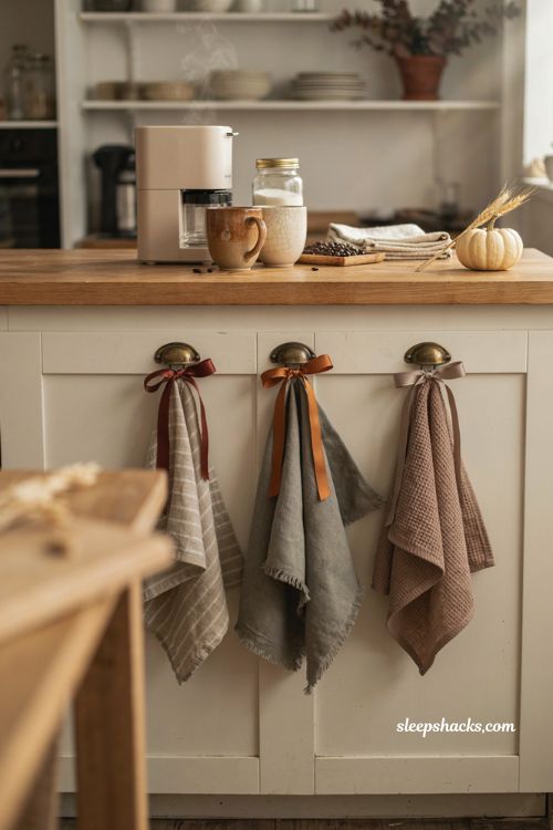 Fall coffee station ideas with tied cabinet towels cozy kitchen decor and warm accents
