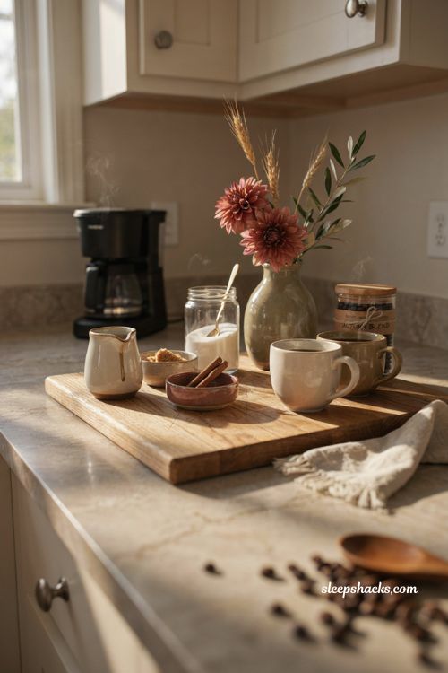 Fall coffee station ideas with wooden breadboard cream sugar and seasonal flowers