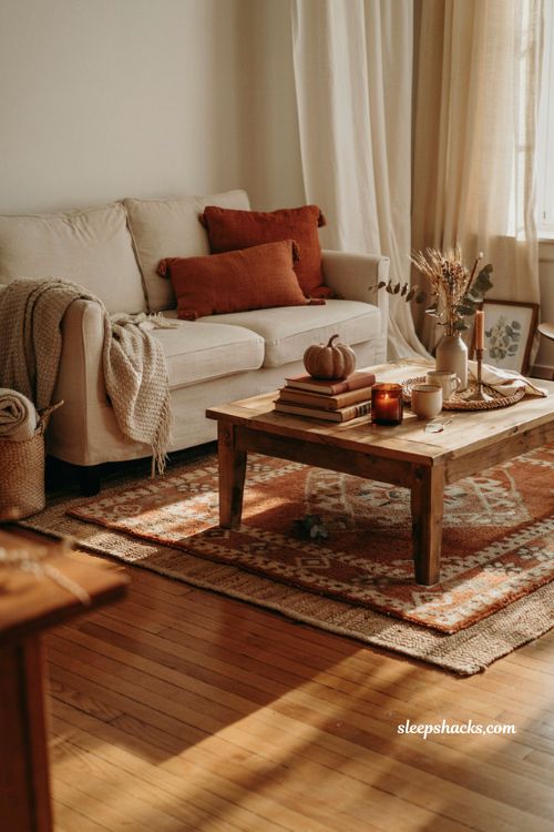 Fall coffee table book styling ideas for a cozy autumn living room with warm decor