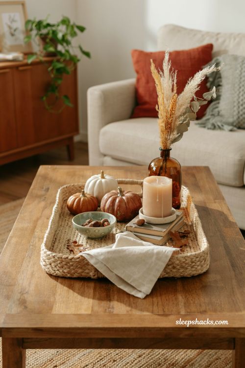 Fall coffee table decor tray with cozy pumpkins candles and rustic autumn accents