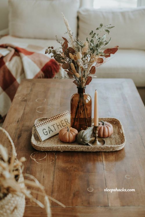 Fall coffee table decor tray with farmhouse wooden sign pumpkins and dried greenery