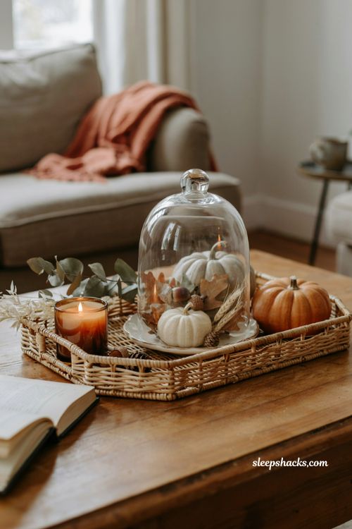 Fall coffee table decor tray with glass cloche pumpkin acorns and dried leaves