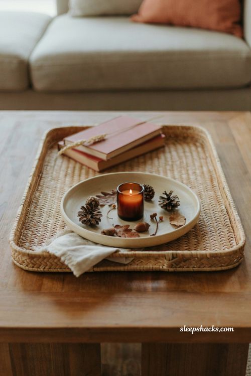 Fall coffee table decor tray with low wide bowl pinecones acorns and candle