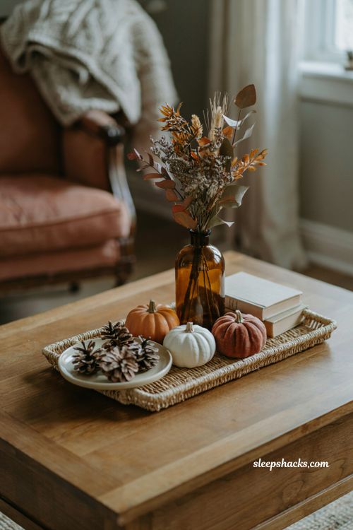 Fall coffee table decor tray with odd number pumpkin groupings and cozy autumn styling