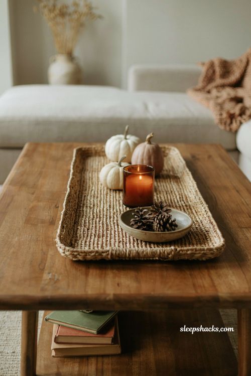 Fall coffee table decor tray with rectangular woven tray and cozy autumn accents