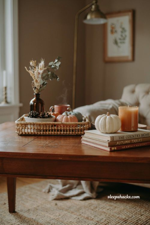 Fall coffee table decor tray with stacked books mini pumpkin vignette and candle