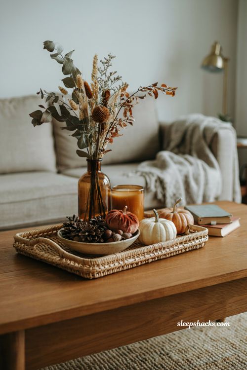 Fall coffee table decor tray with varied heights vase candle and pumpkins