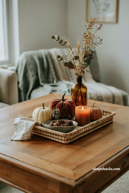 Fall coffee table decor tray with vintage owl accent pumpkins and amber glass