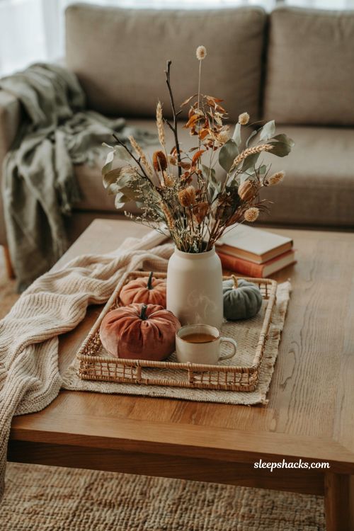 Fall coffee table decor tray with woven rattan velvet pumpkins and cozy textures