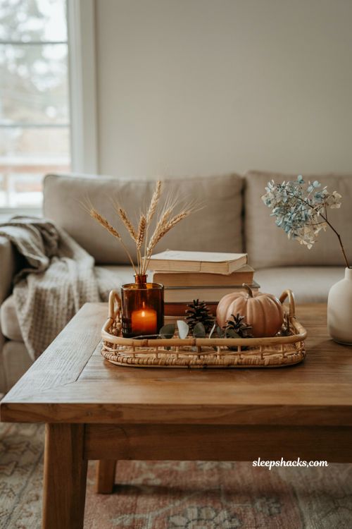 Fall coffee table decor triangle with candle books and pumpkin 