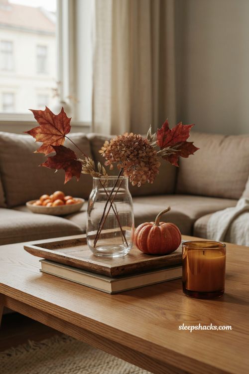 Fall coffee table decor with a glass vase of maple leaves dried hydrangeas and preserved grasses 