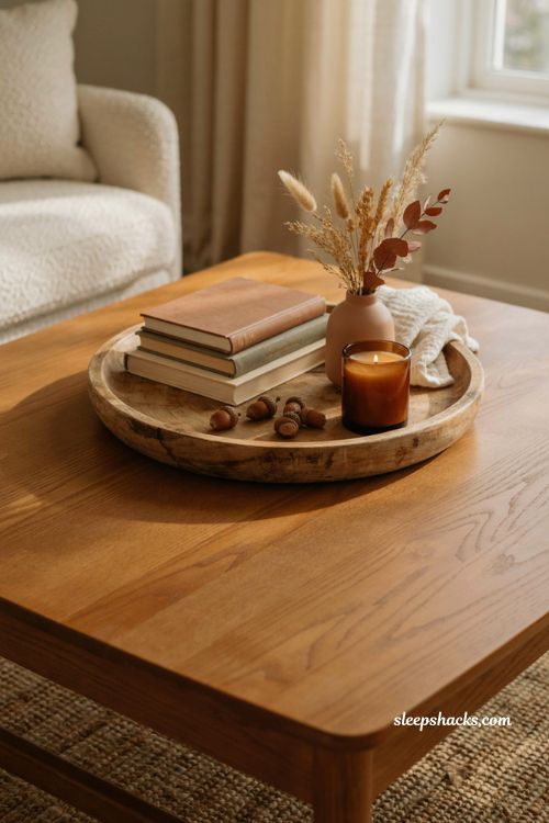 Fall coffee table decor with a rustic wooden tray dried stems candles and cozy farmhouse accents 