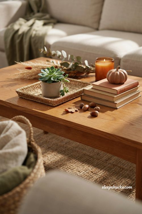 Fall coffee table decor with a small green plant on a woven tray and cozy autumn accents