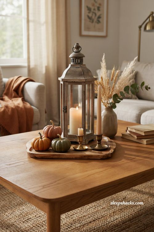 Fall coffee table decor with an aged metal lantern candles mini pumpkins and rustic autumn accents 
