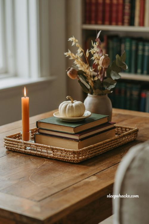 Fall coffee table decor with burgundy green books and mini pumpkin 
