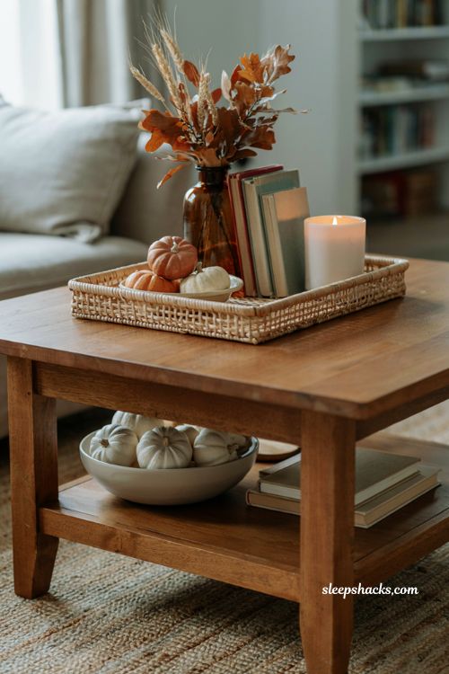 Fall coffee table decor with lower shelf white pumpkins woven accents and books 