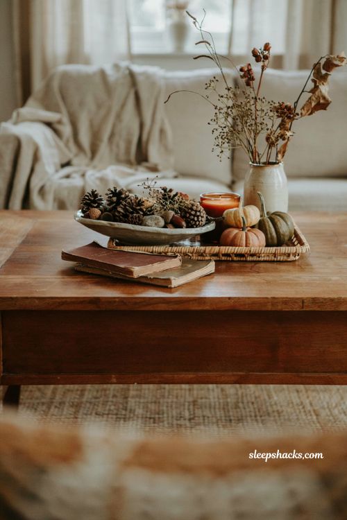 Fall coffee table decor with pinecones acorns dried seed pods and natural elements