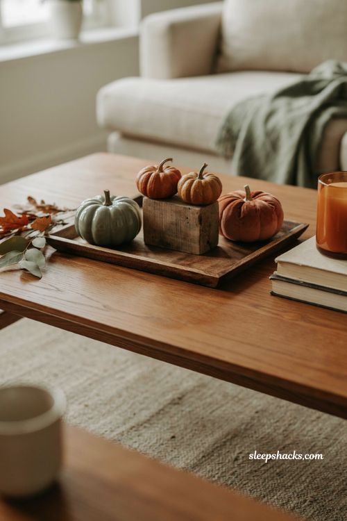 Fall coffee table decor with real mini pumpkins ceramic pumpkins velvet accents and rustic wood 
