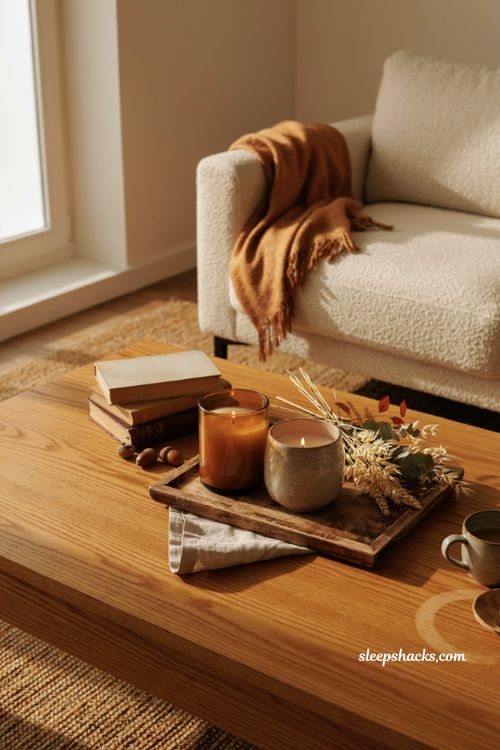 Fall coffee table decor with scented candles amber glass dried stems and cozy autumn accents 